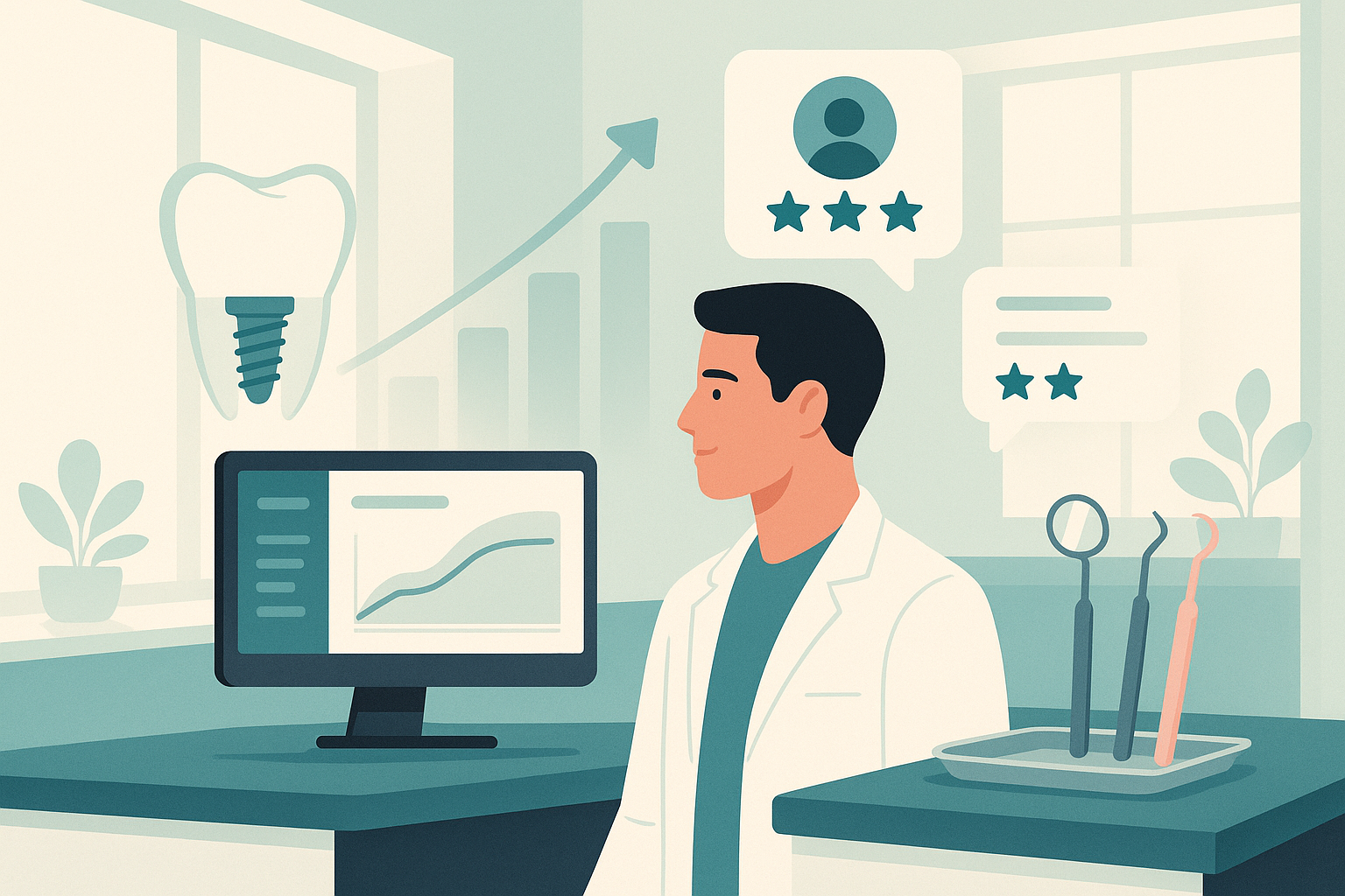 Modern dental clinic with digital dashboard, growth charts, testimonial bubbles, and dental tools.