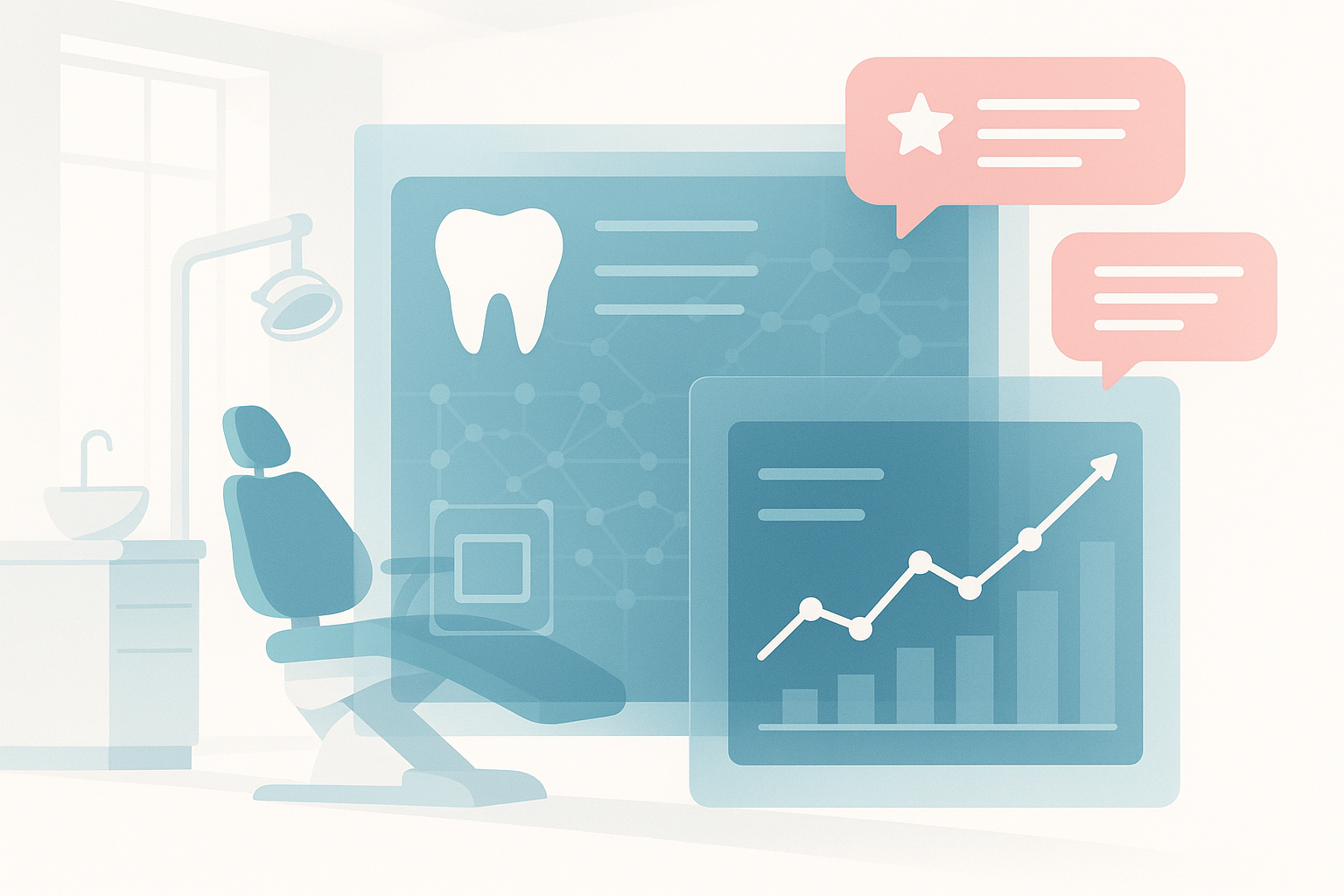 Modern dental clinic with digital dashboard overlays, growth charts, and testimonial speech bubbles.