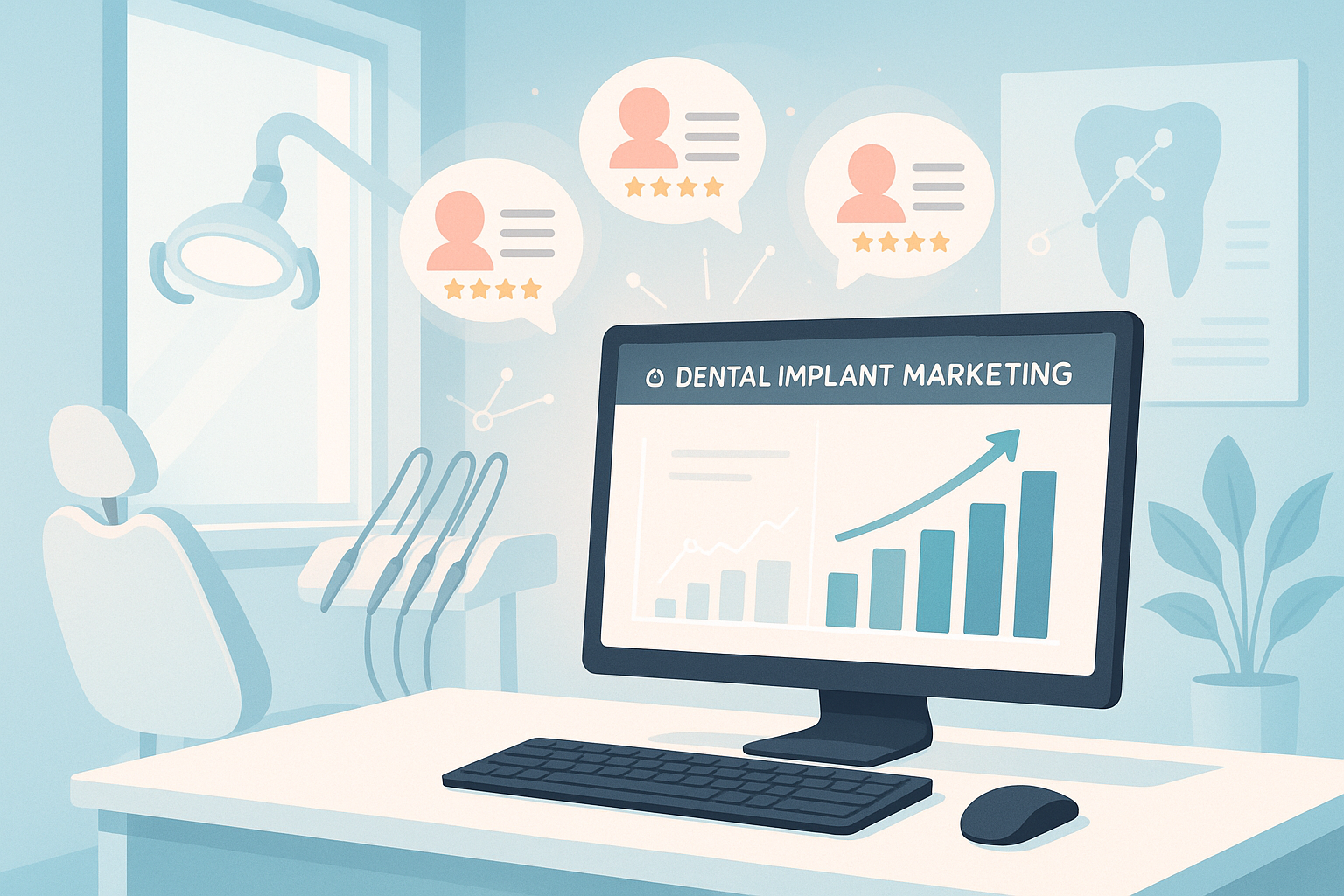 Modern dental clinic with digital dashboard, testimonial bubbles, and symbols of progress and innovation.