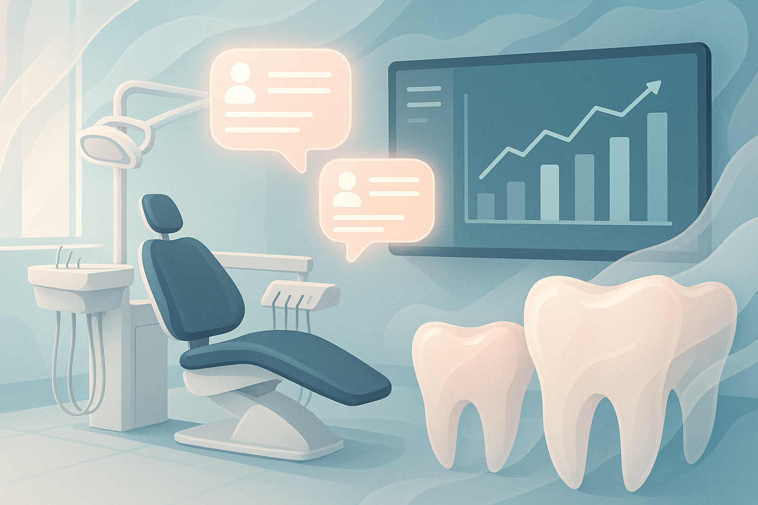 Modern dental clinic with digital dashboard, translucent tooth layers, and warm clinical tones.