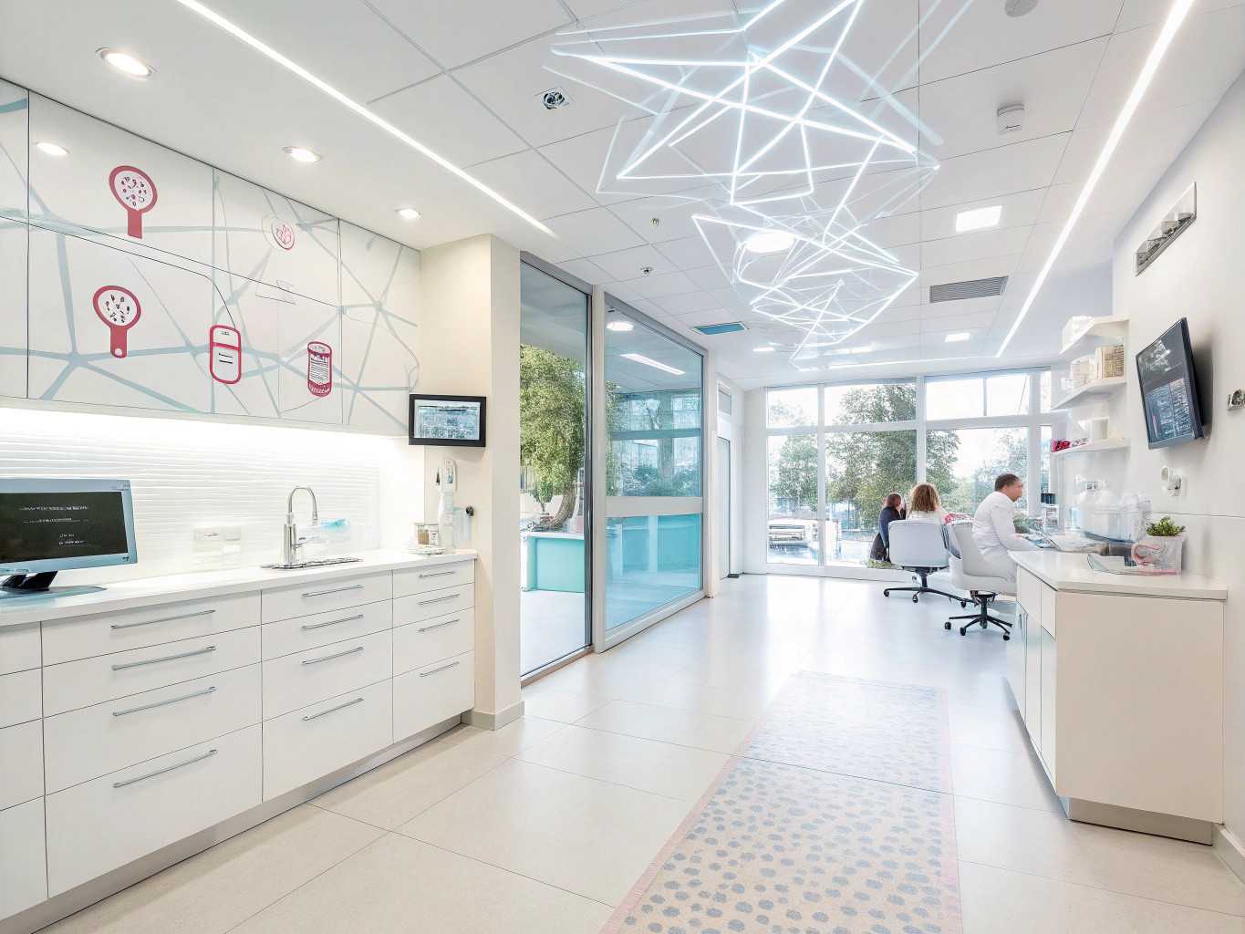 Modern dental clinic with digital dashboards, data streams, and patient icons in a sleek environment.