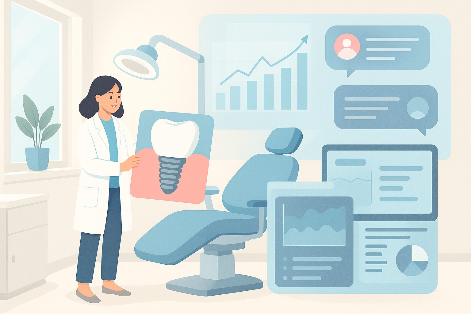 Modern dental clinic with digital interfaces, growth charts, and testimonial bubbles in bright, welcoming colors.