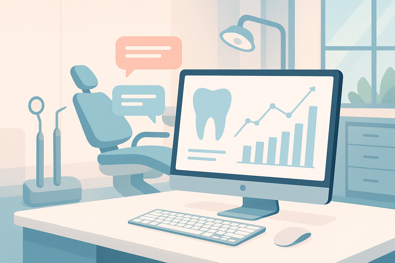 Modern dental clinic with digital workspace, growth charts, testimonial bubbles, and minimal tools.