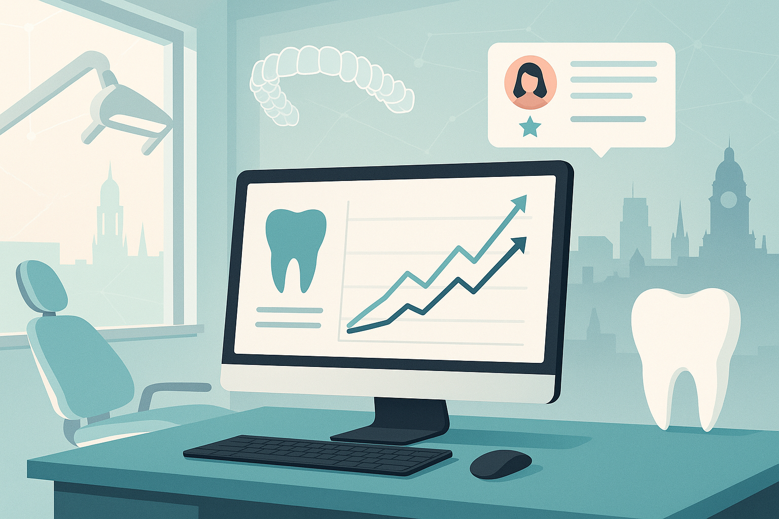 Modern dental clinic with digital workspace, growth charts, testimonial bubbles, and cityscape silhouettes.