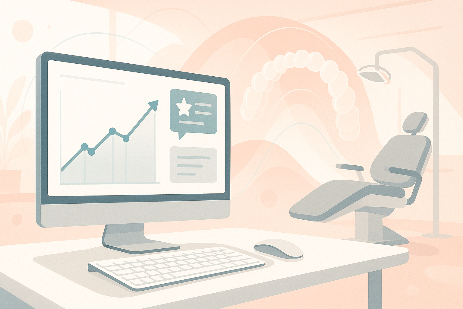 Modern dental clinic with digital workspace, growth charts, testimonial bubbles, and abstract alignment lines.