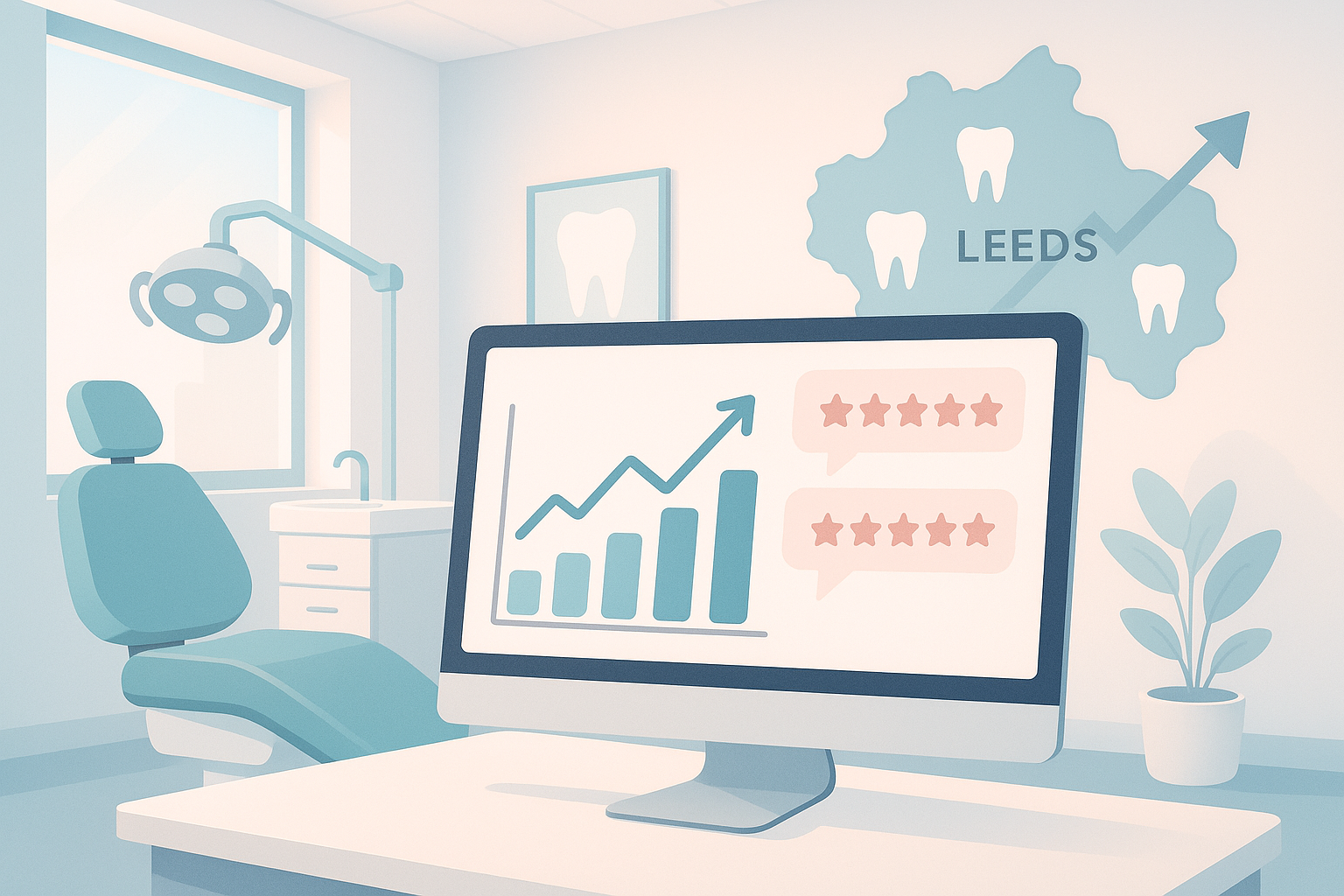 Modern dental clinic with digital workspace, growth charts, testimonial bubbles, Leeds map, and tooth icons.