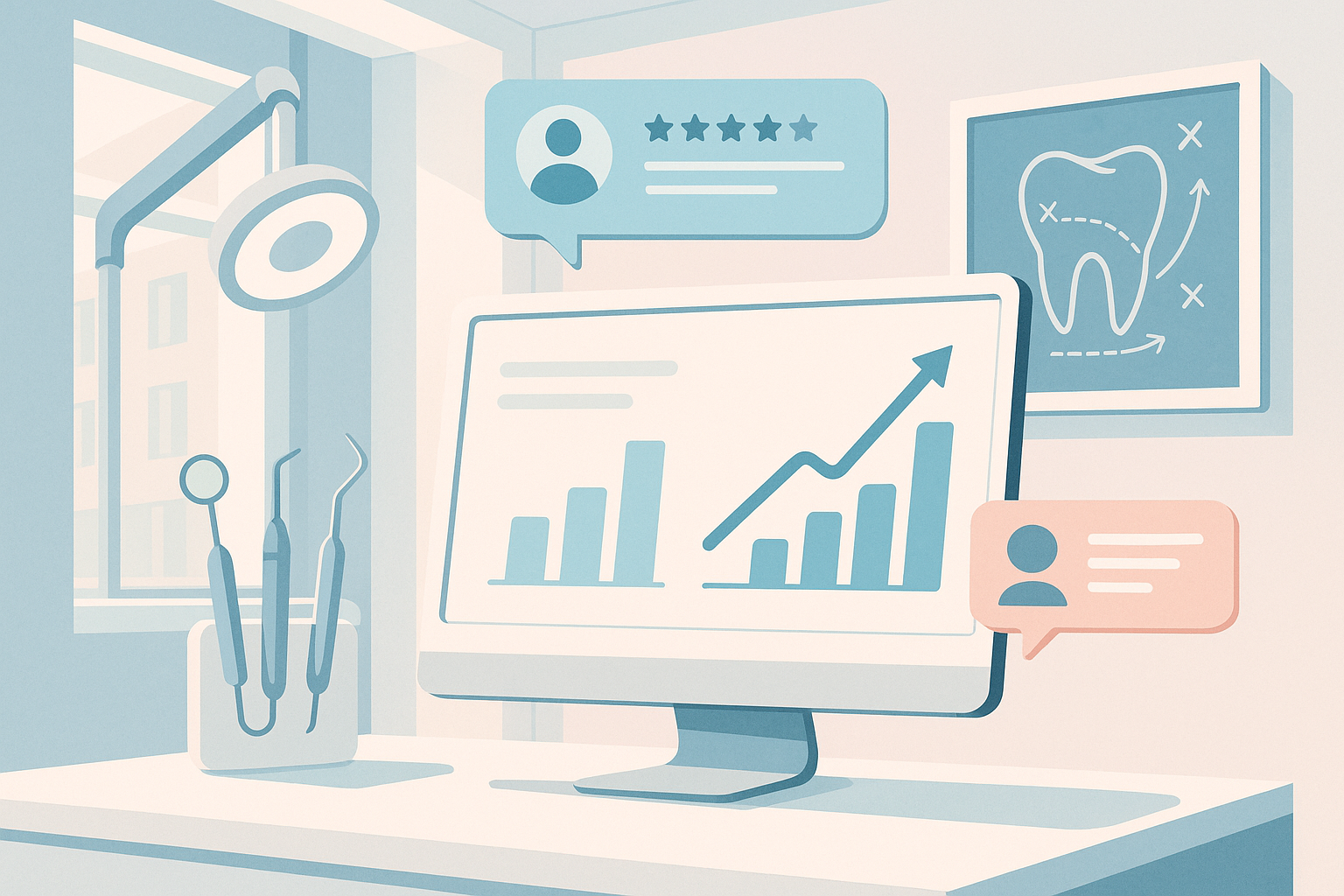 Modern dental clinic with digital workspace, growth charts, testimonials, tools, and blueprints.
