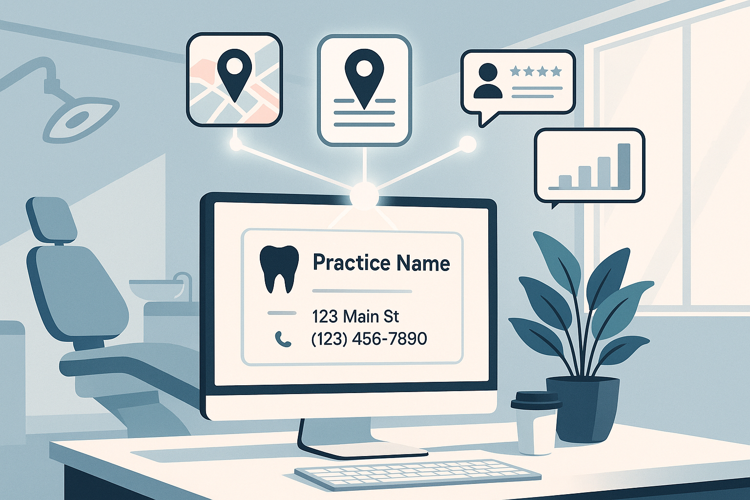 Modern dental clinic workspace with connected directory icons, testimonial bubbles, and growth charts.