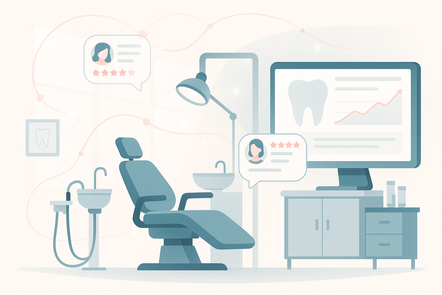 Modern dental clinic workspace with digital dashboard, patient pathways, and testimonial bubbles.