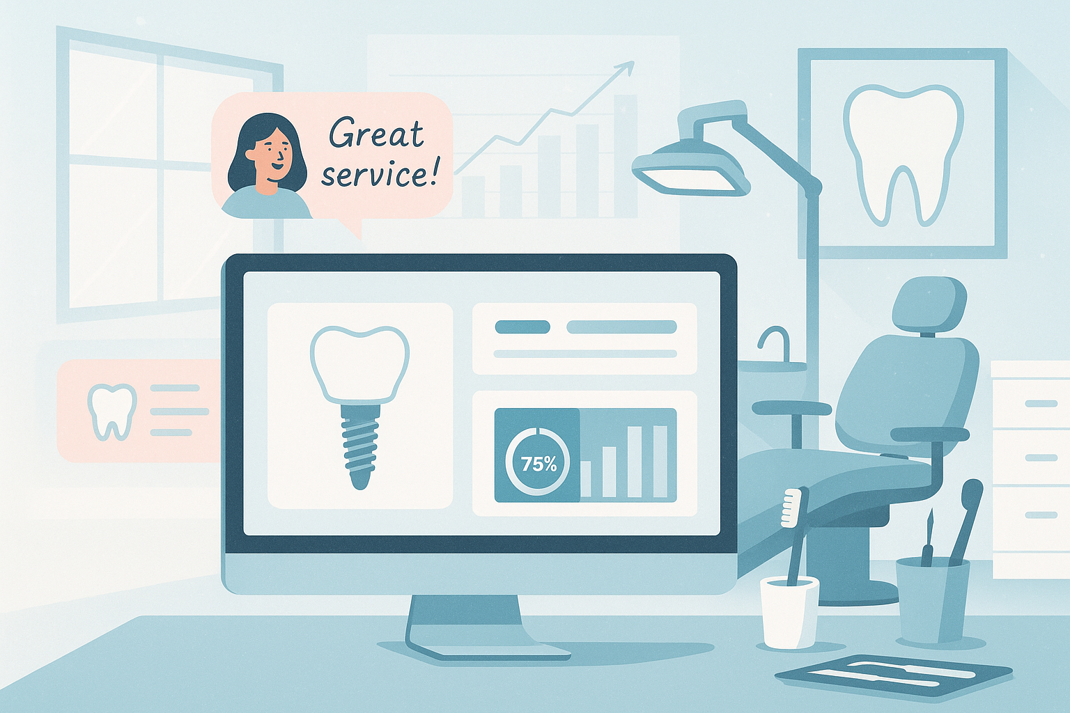 Modern dental clinic workspace with digital dashboards, testimonial bubbles, and abstract growth overlays.