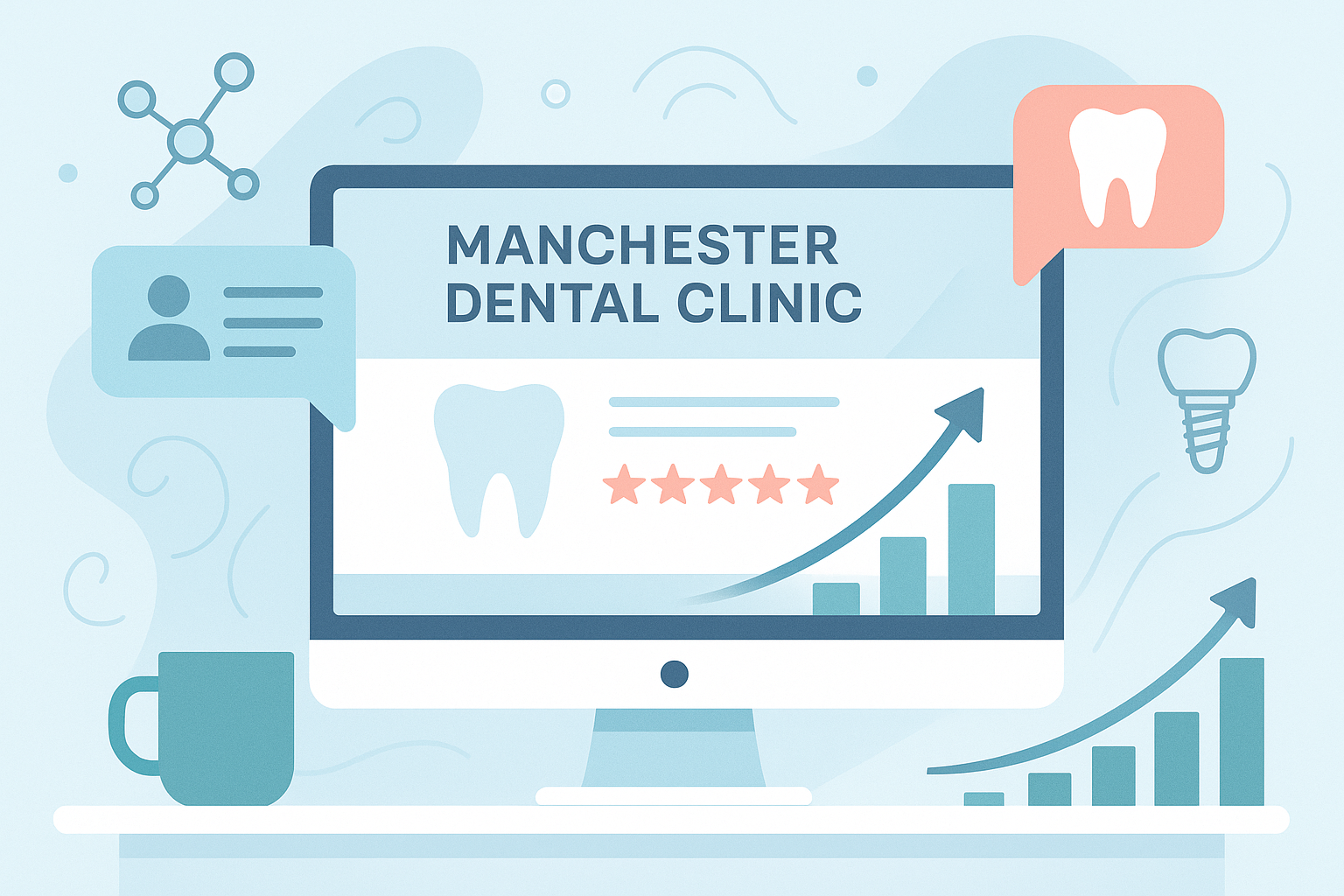 Modern dental clinic workspace with growth charts, testimonial bubbles, and abstract trust symbols.