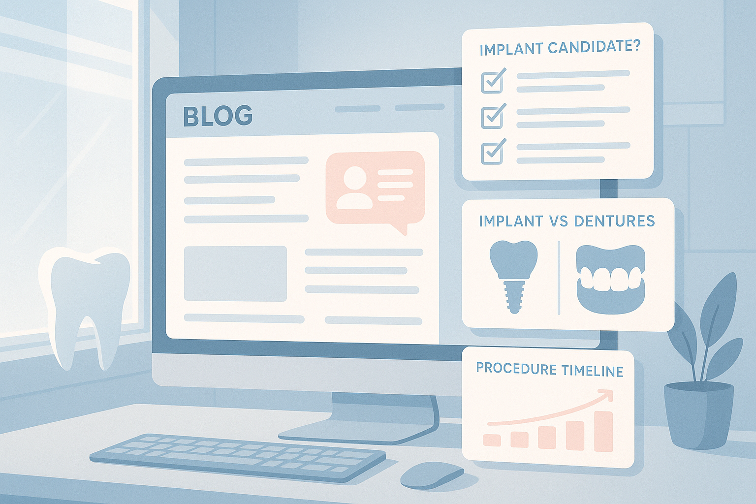 Modern dental clinic workspace with infographic elements and testimonial bubbles in soft blue, gray, and pink tones.