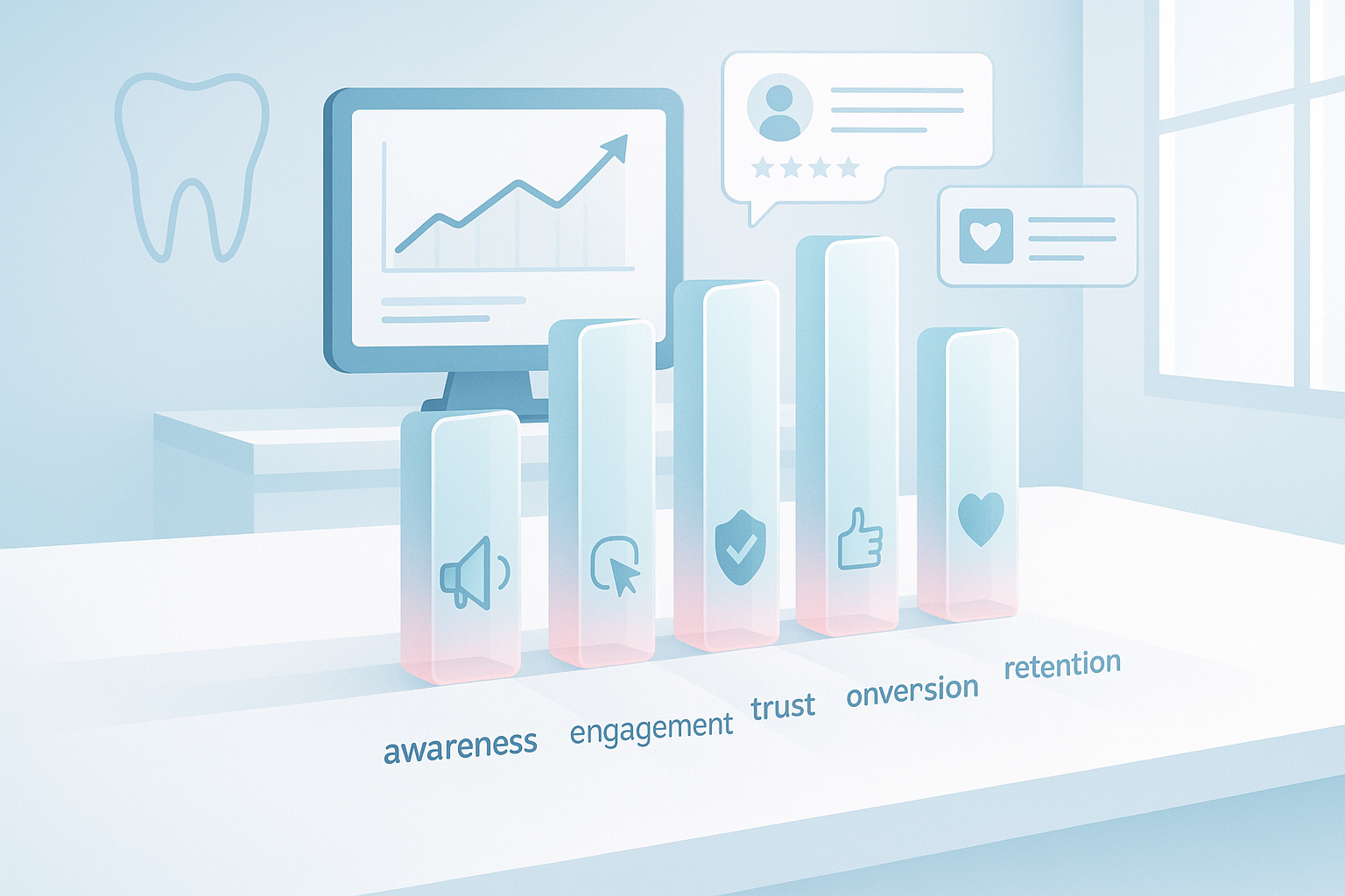 Modern dental clinic workspace with translucent pillars, icons, charts, and interface elements.