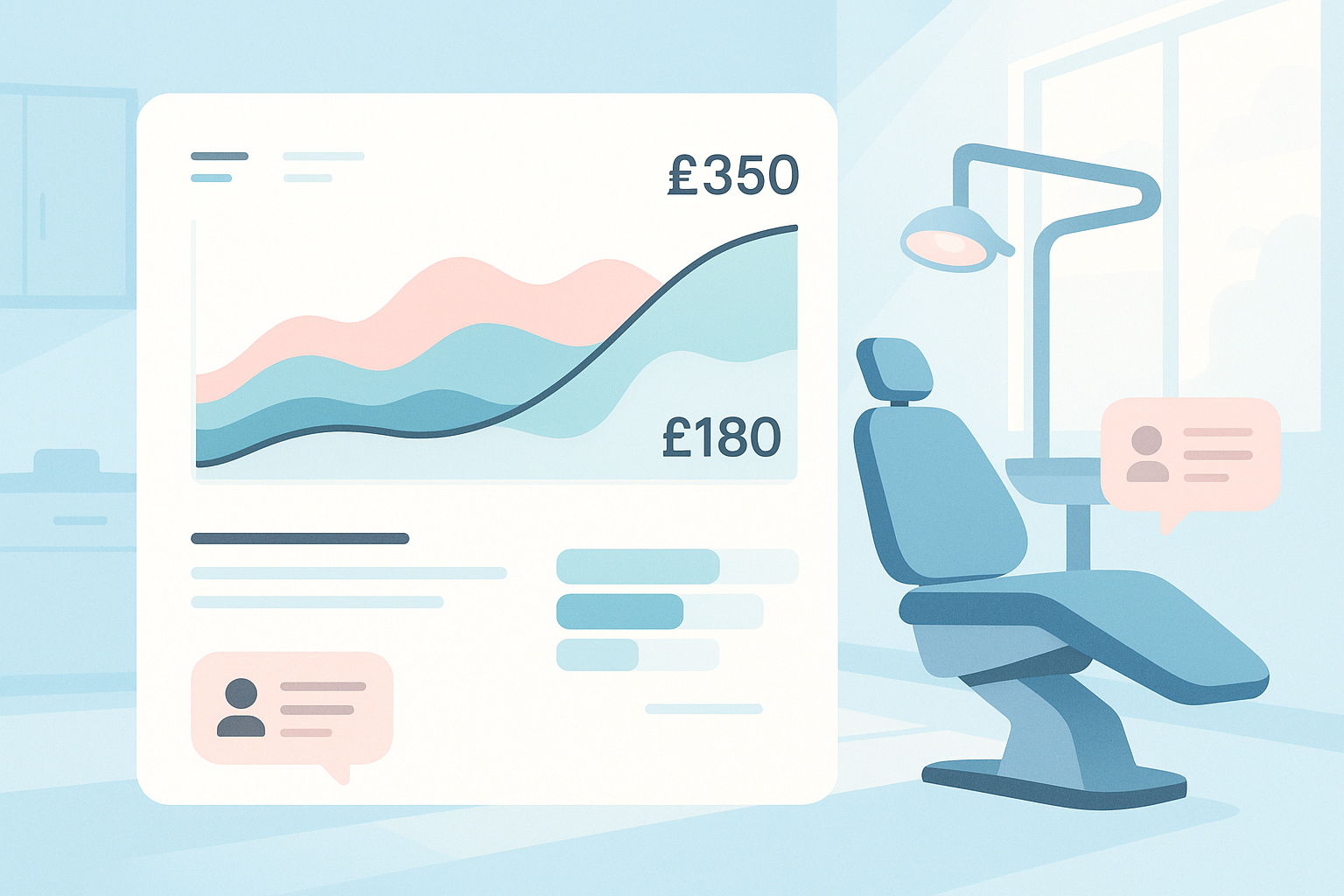 Modern dental dashboard with data charts, testimonials, and clinical background in light blue and teal tones.