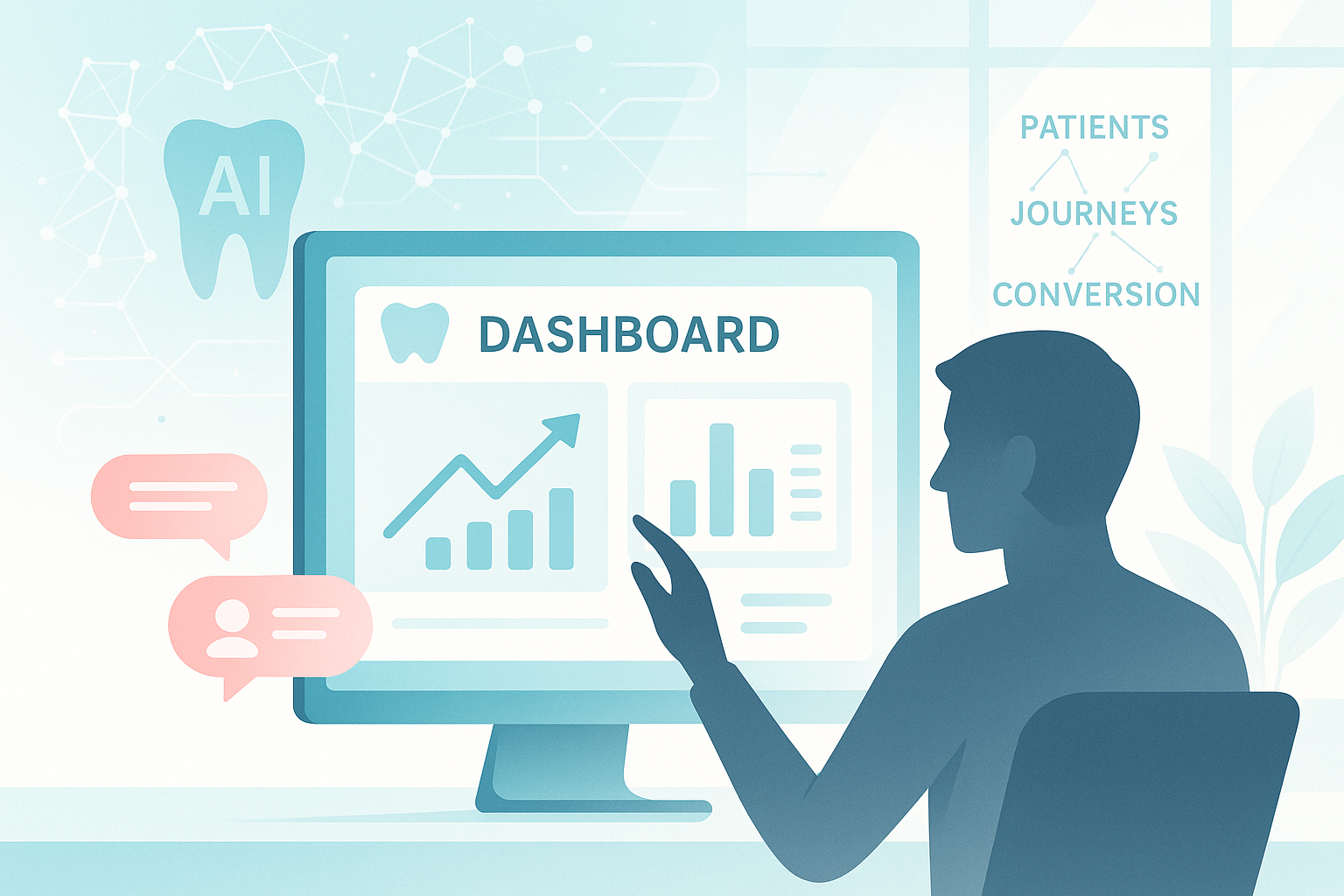 Modern dental dashboard with data streams, growth charts, and a human silhouette in a bright workspace.