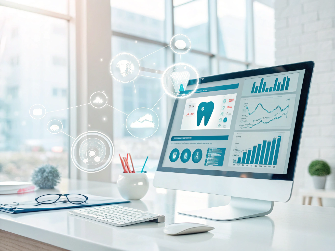 Modern dental dashboard with floating testimonials, growth charts, and clinical treatment room ambiance.