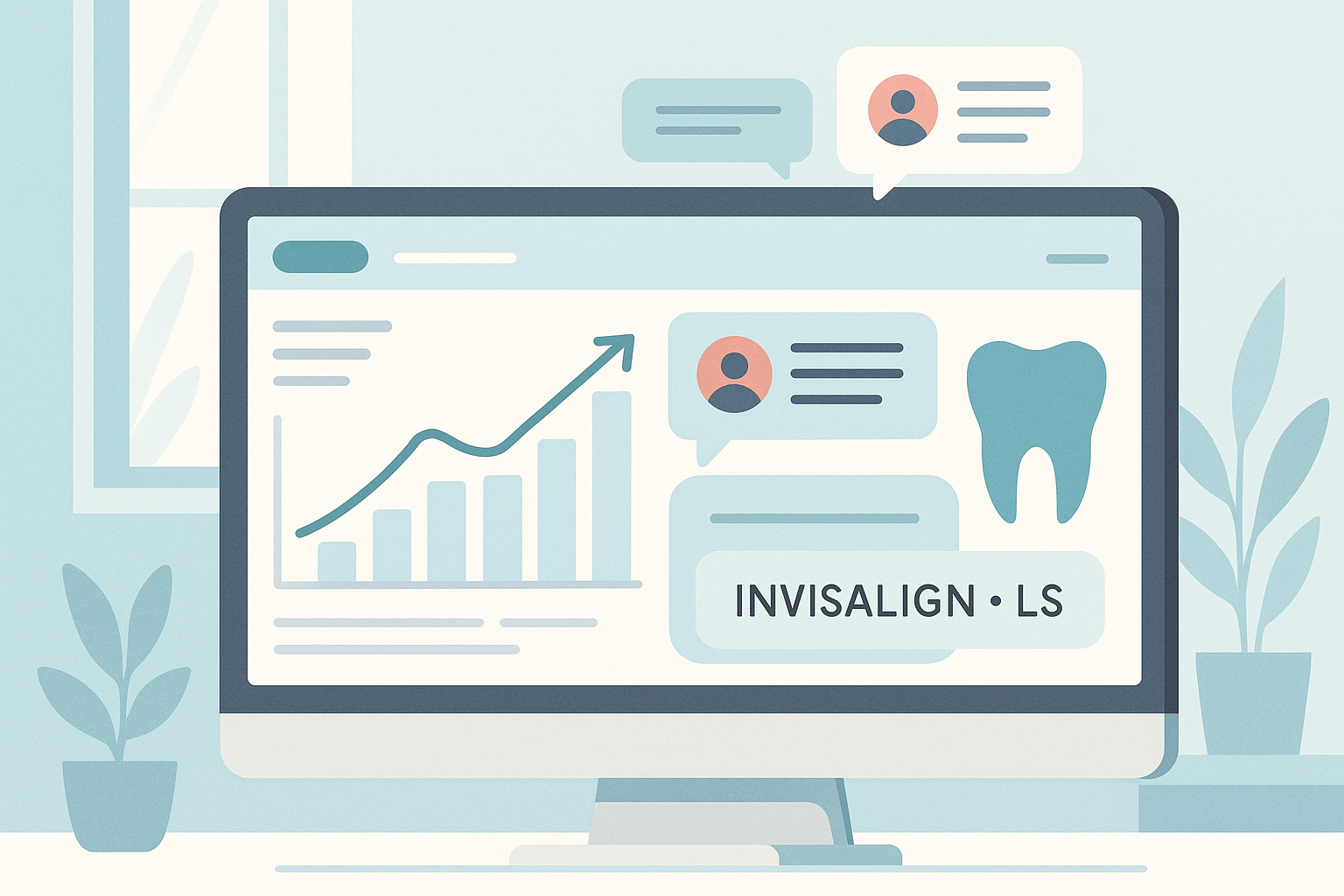 Modern dental dashboard with growth charts, testimonials, and keyword clusters in clinical tones.