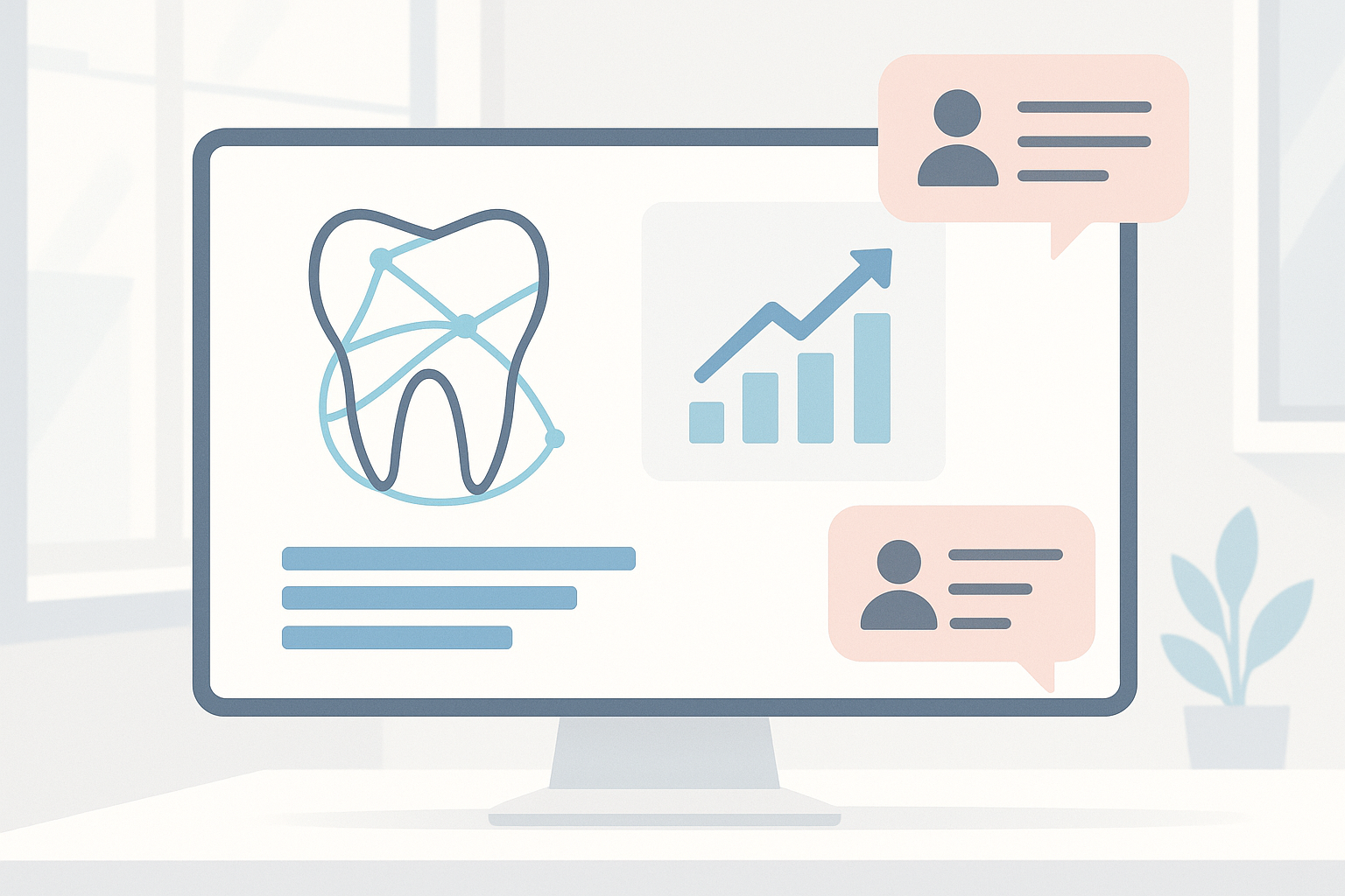 Modern dental dashboard with growth charts, testimonial bubbles, and interconnected trust symbols.