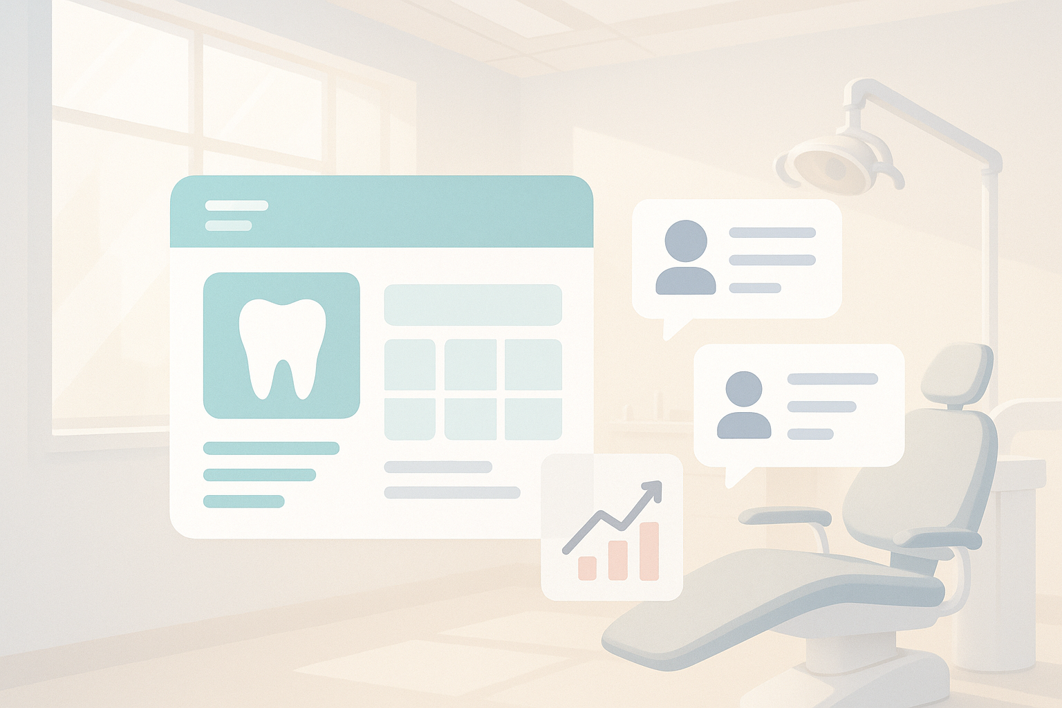 Modern dental dashboard with growth charts, testimonials, and clean, professional design.