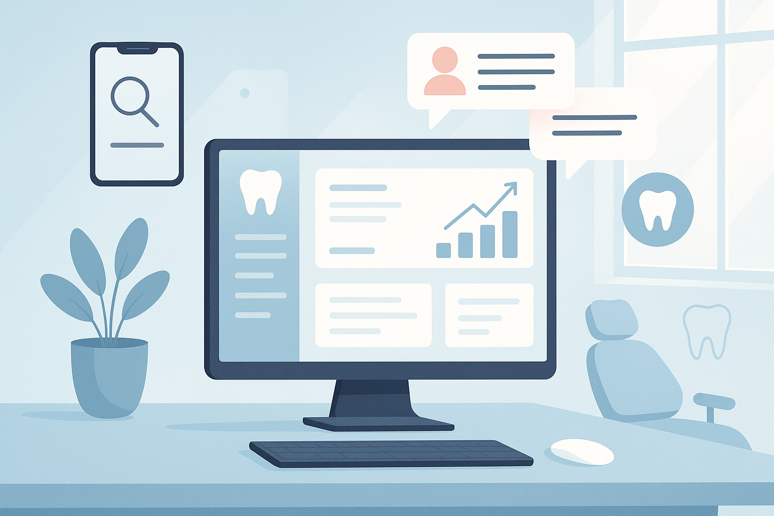 Modern dental dashboard with mobile devices, testimonials, growth charts, and tooth icons in clinical tones.