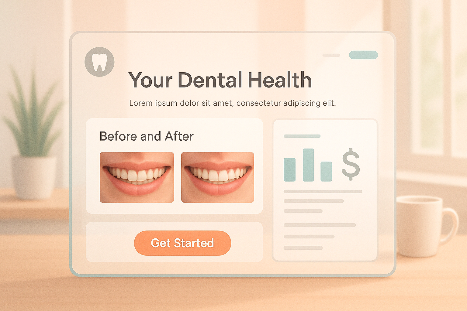 Modern dental dashboard with smile gallery, pricing charts, and call-to-action in a bright workspace.