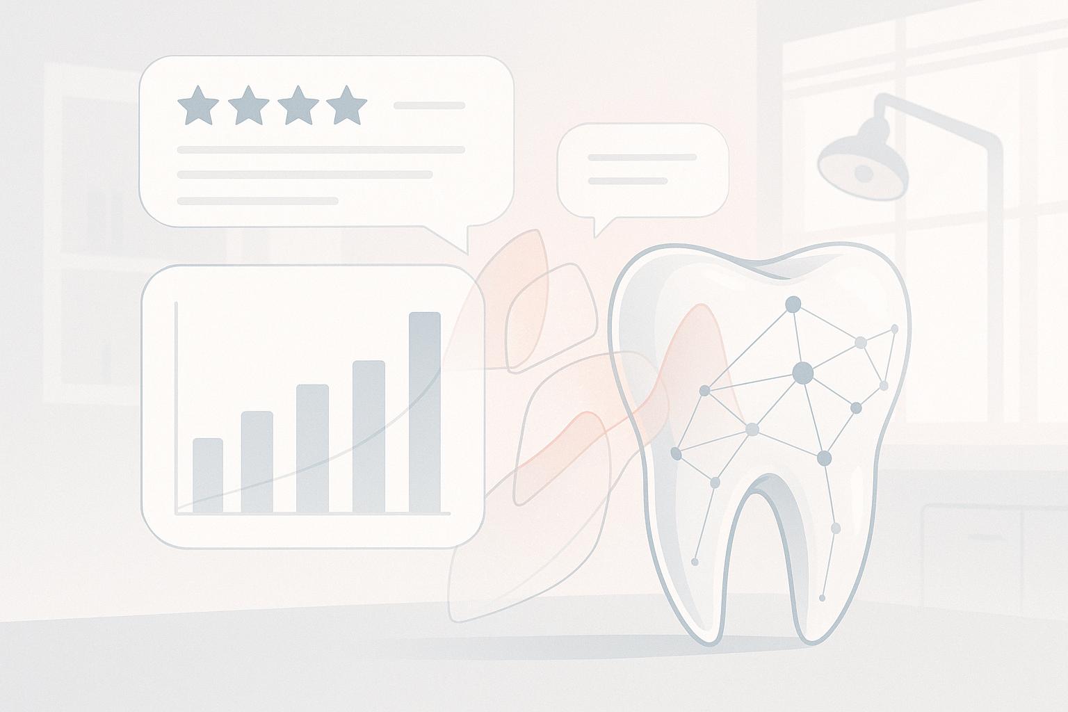 Modern dental illustration with growth charts, enamel fragments, testimonial bubbles, in clinical tones.