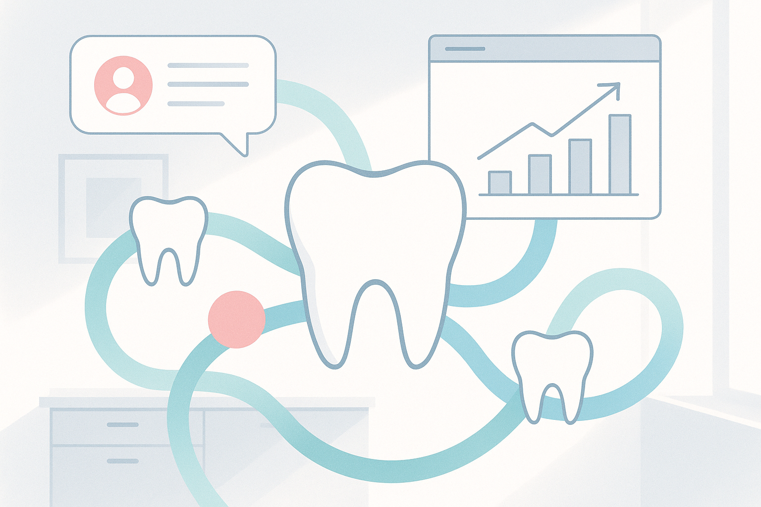 Modern dental illustration with pathways, tooth icons, digital interfaces, and welcoming design elements.