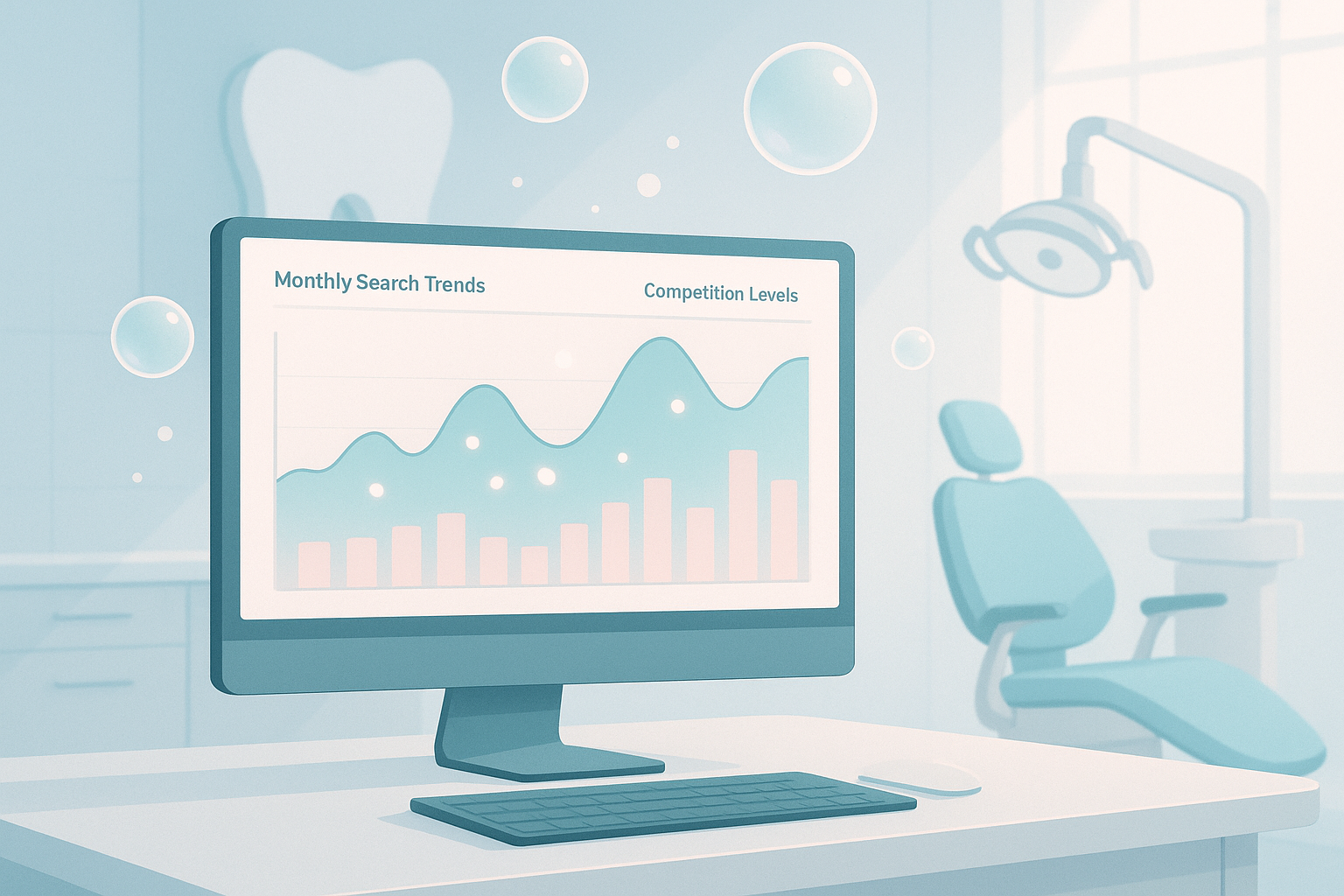 Modern dental office with digital workspace showing growth charts and floating bubbles indicating market zones.