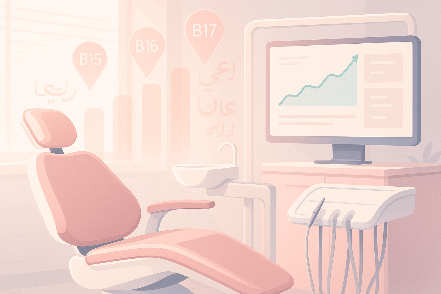 Modern dental room with growth charts, postcode markers, multilingual scripts, and digital dashboard.