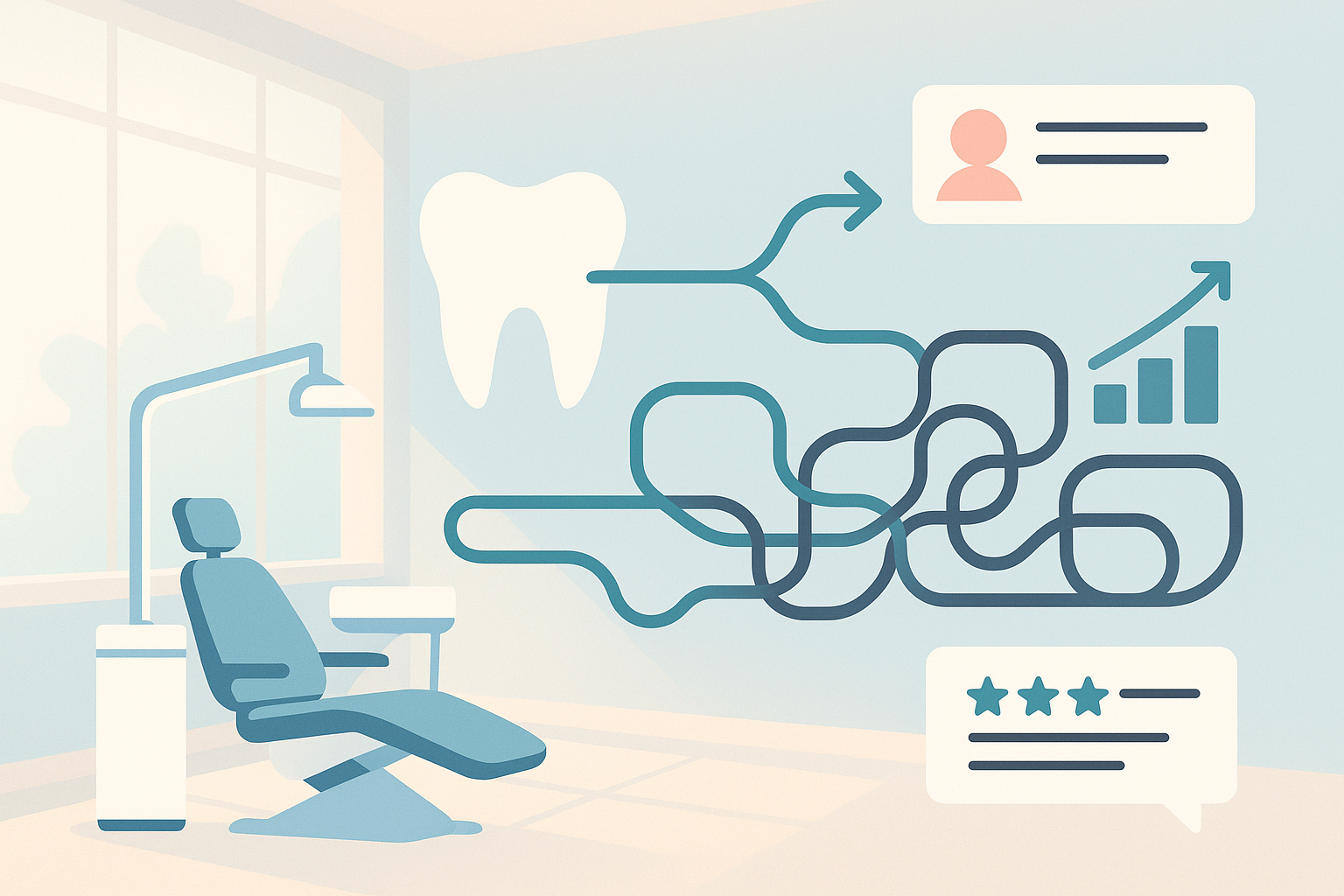 Modern dental treatment room with abstract pathways, growth charts, and testimonial bubbles in bright, warm tones.