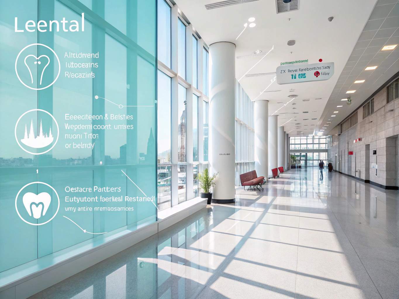 Modern dental treatment room with digital workspace, growth charts, and architectural silhouettes in soothing tones.