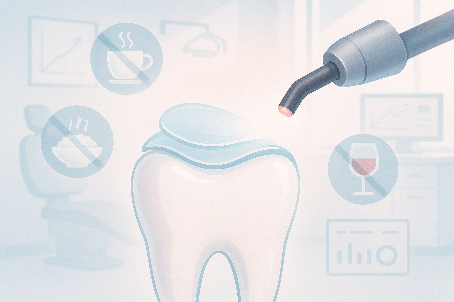 Modern dental treatment room with resin curing, floating icons of coffee, wine, curry, tobacco, and digital charts.