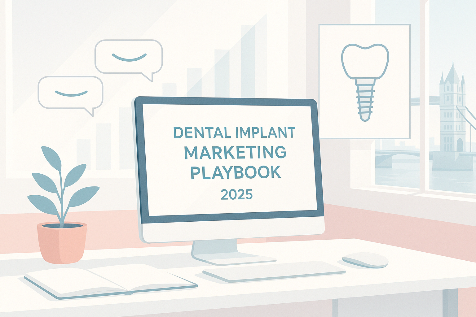 Modern dental workspace with abstract growth charts, smile-shaped testimonials, and implant schematics.