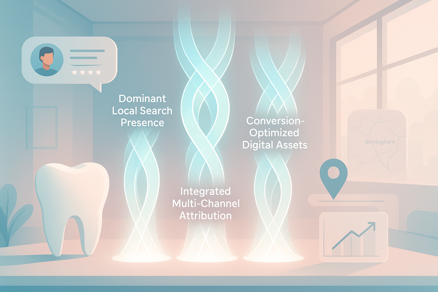 Modern dental workspace with abstract light beam pillars, testimonials, charts, and Birmingham markers.