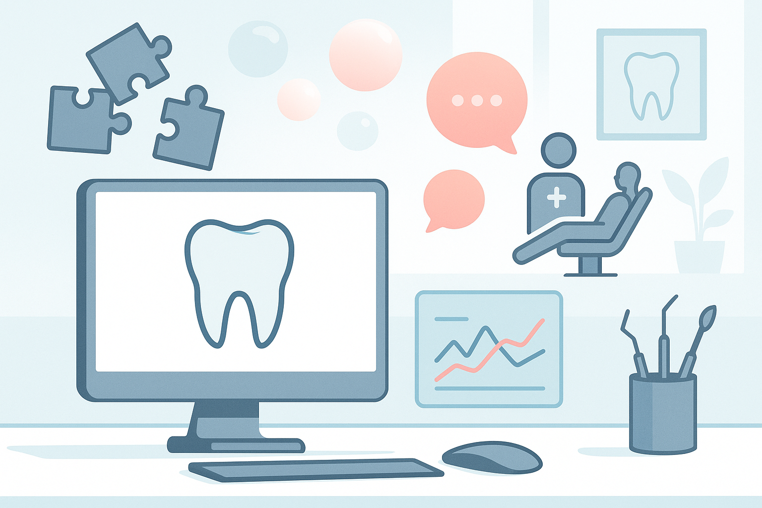 Modern dental workspace with abstract marketing symbols and a clinical color palette.