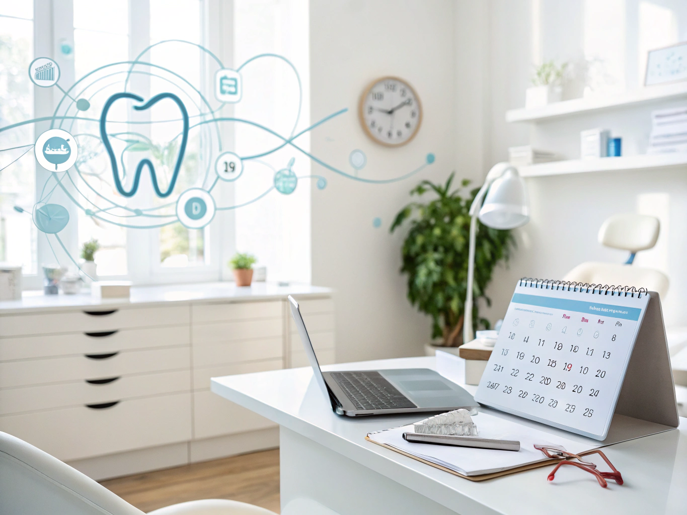 Modern dental workspace with abstract patient pathways, contact icons, calendar, and growth lines in soothing tones.