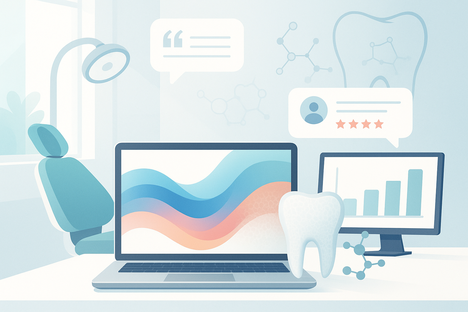 Modern dental workspace with AI color matching, bonding textures, growth charts, and testimonials.