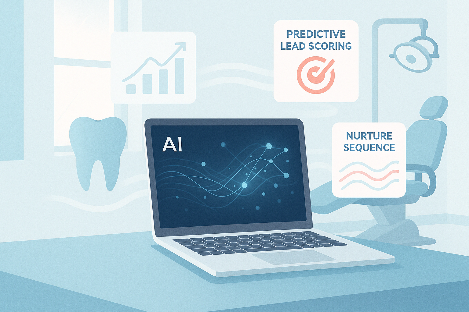 Modern dental workspace with AI data streams, growth charts, and clinical tones.