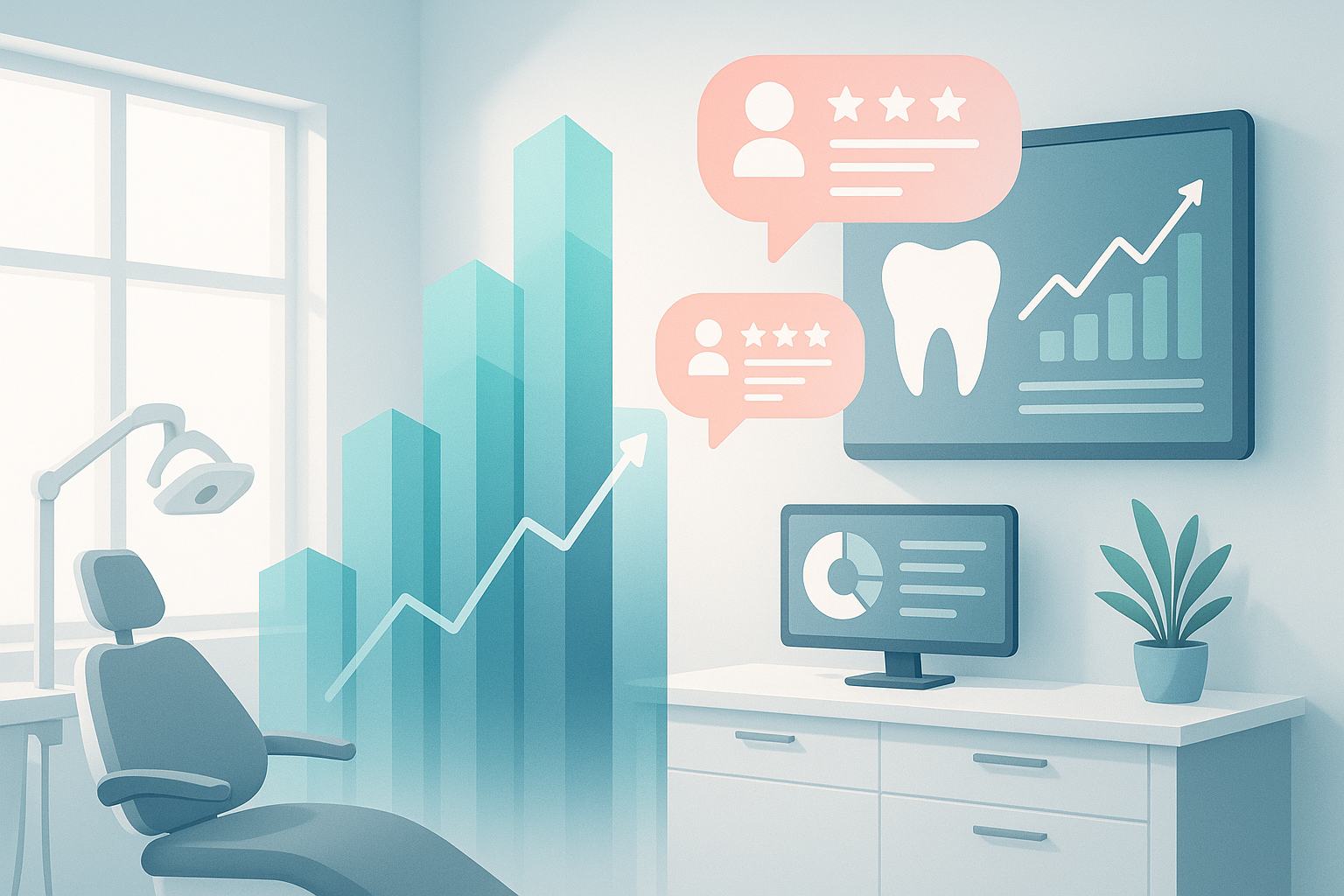 Modern dental workspace with charts, testimonial bubbles, and digital dashboards in bright, clean tones.