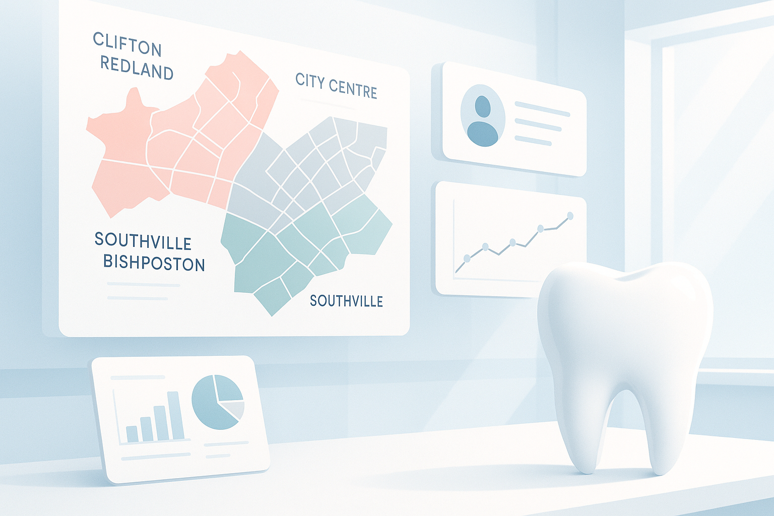 Modern dental workspace with colorful maps, charts, dashboards, and testimonial bubbles.