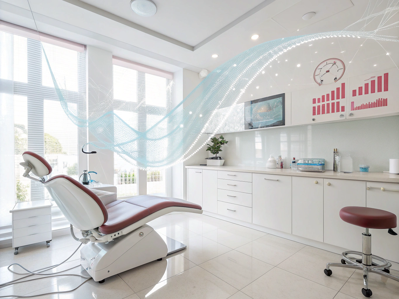 Modern dental workspace with data streams, growth charts, and testimonial bubbles in bright, calming tones.
