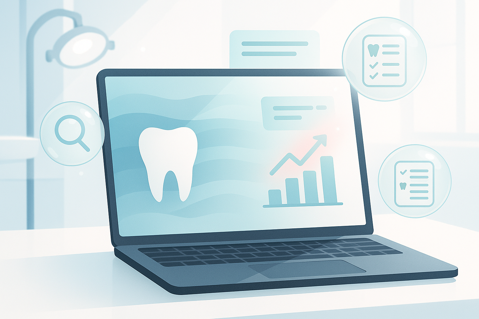 Modern dental workspace with data streams, growth charts, bubbles, and clinical tones.