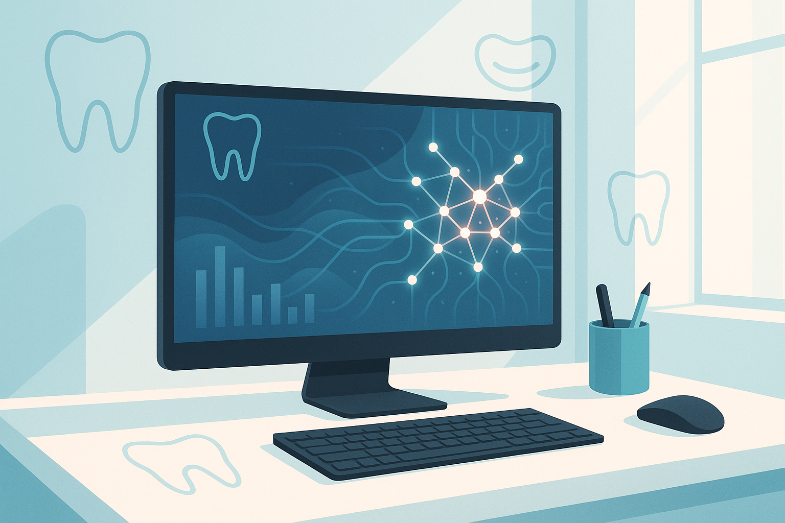 Modern dental workspace with data streams, neural patterns, and minimalist dental icons in bright, clinical tones.