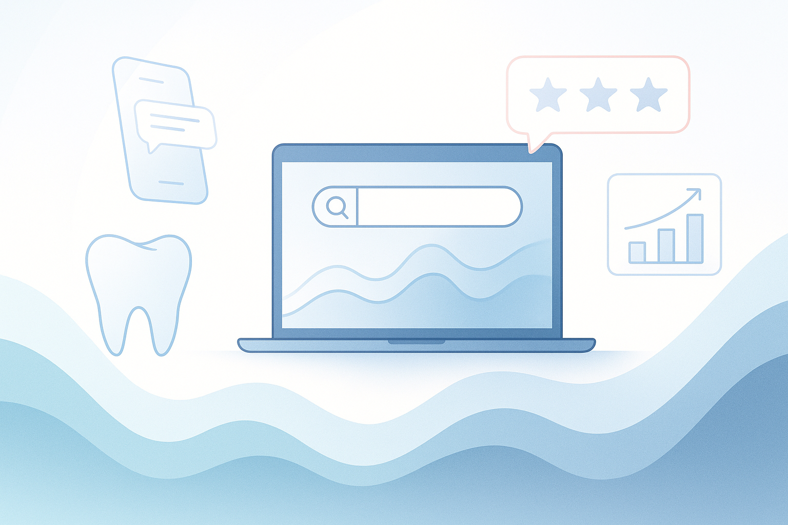 Modern dental workspace with data waves, mobile devices, and growth charts in bright, clinical tones.