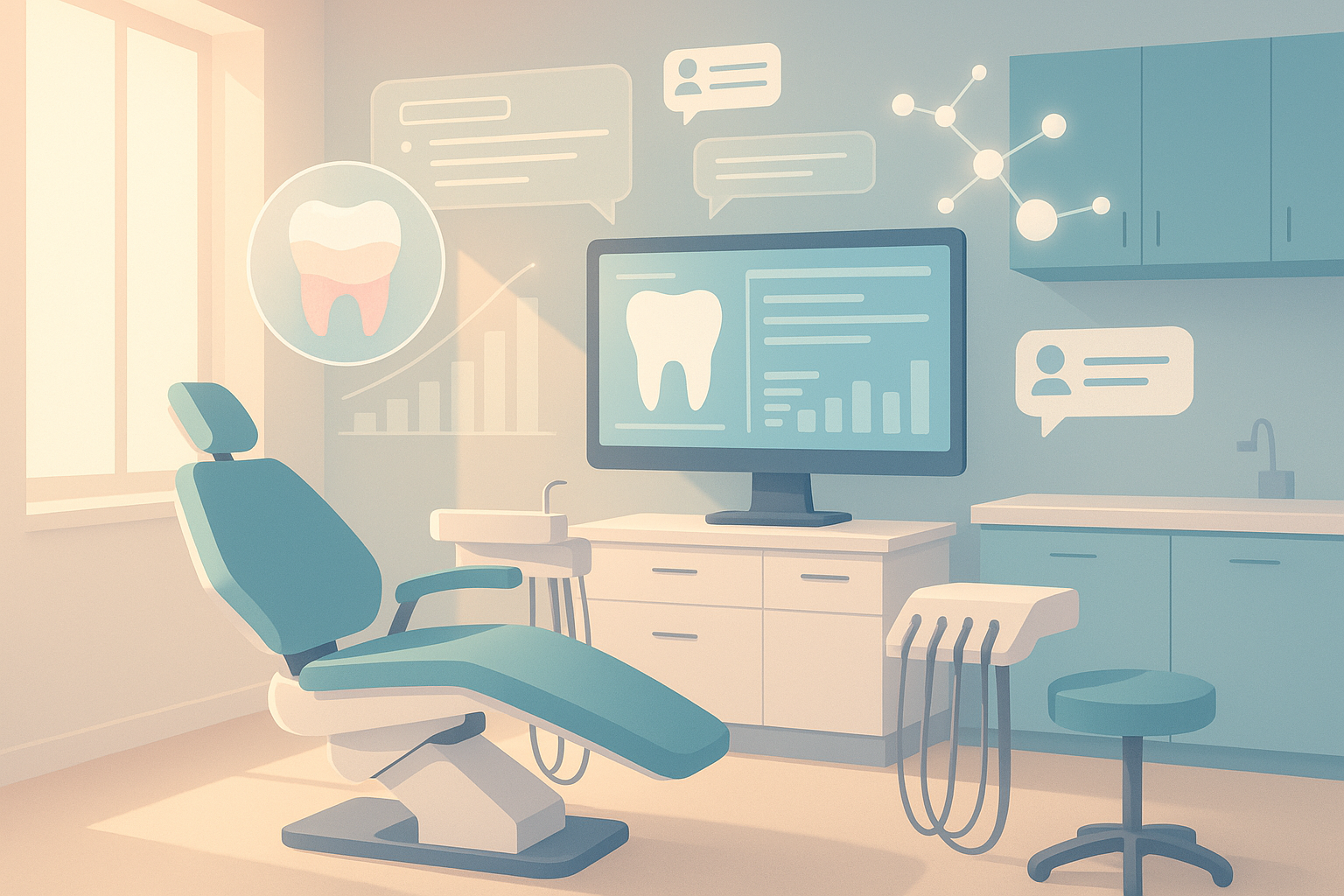 Modern dental workspace with digital charts, testimonial bubbles, and layered enamel textures in inviting light.