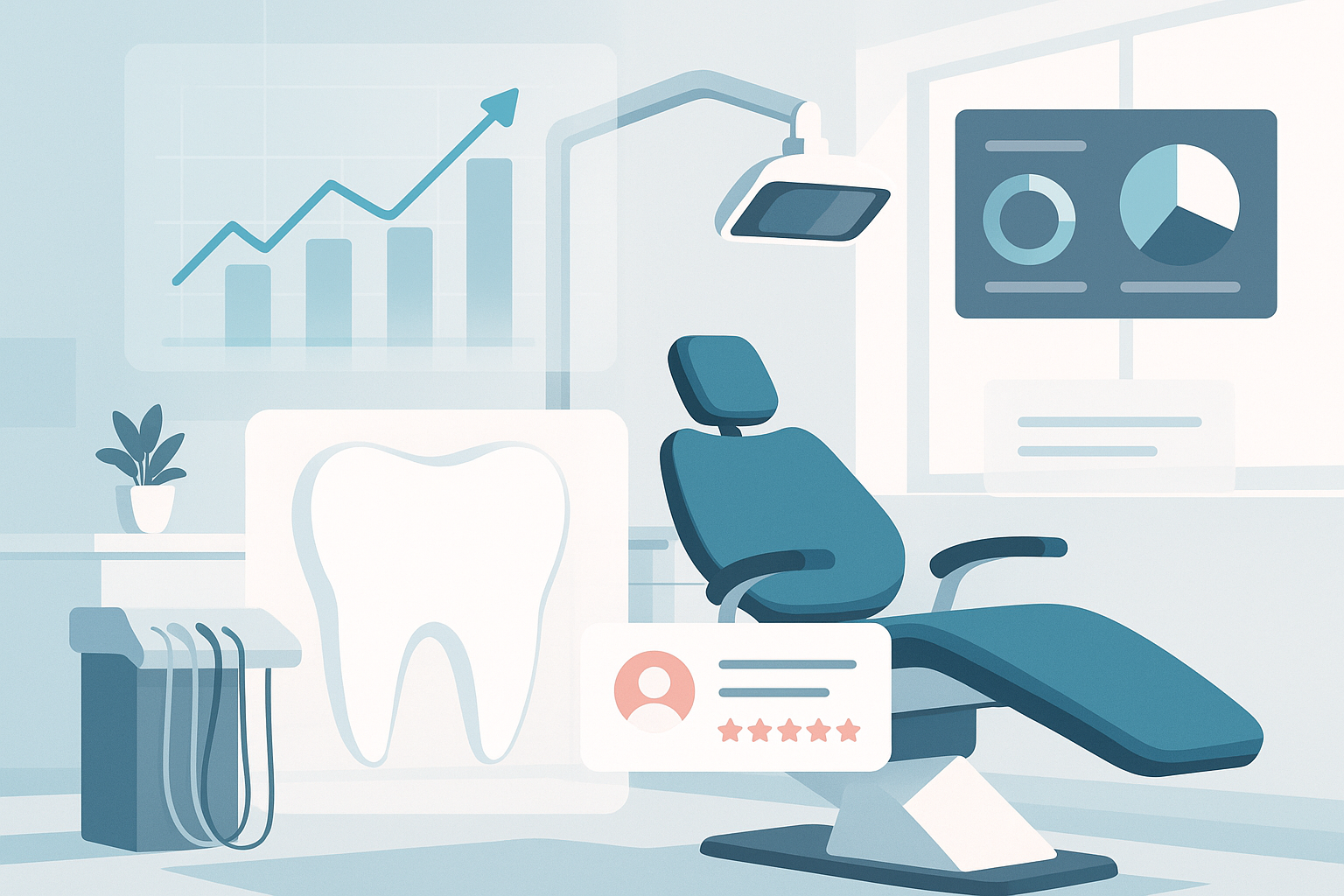 Modern dental workspace with digital charts, testimonial bubbles, and clinical tools in bright lighting.