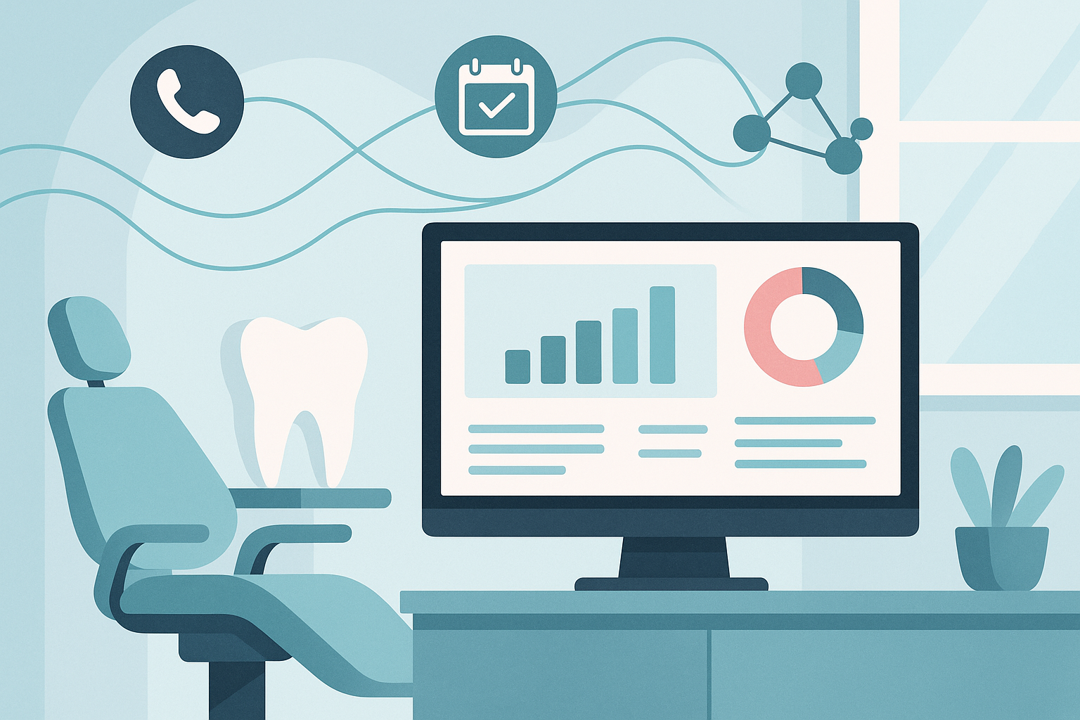 Modern dental workspace with digital dashboard and flowing data stream icons in clinical tones.