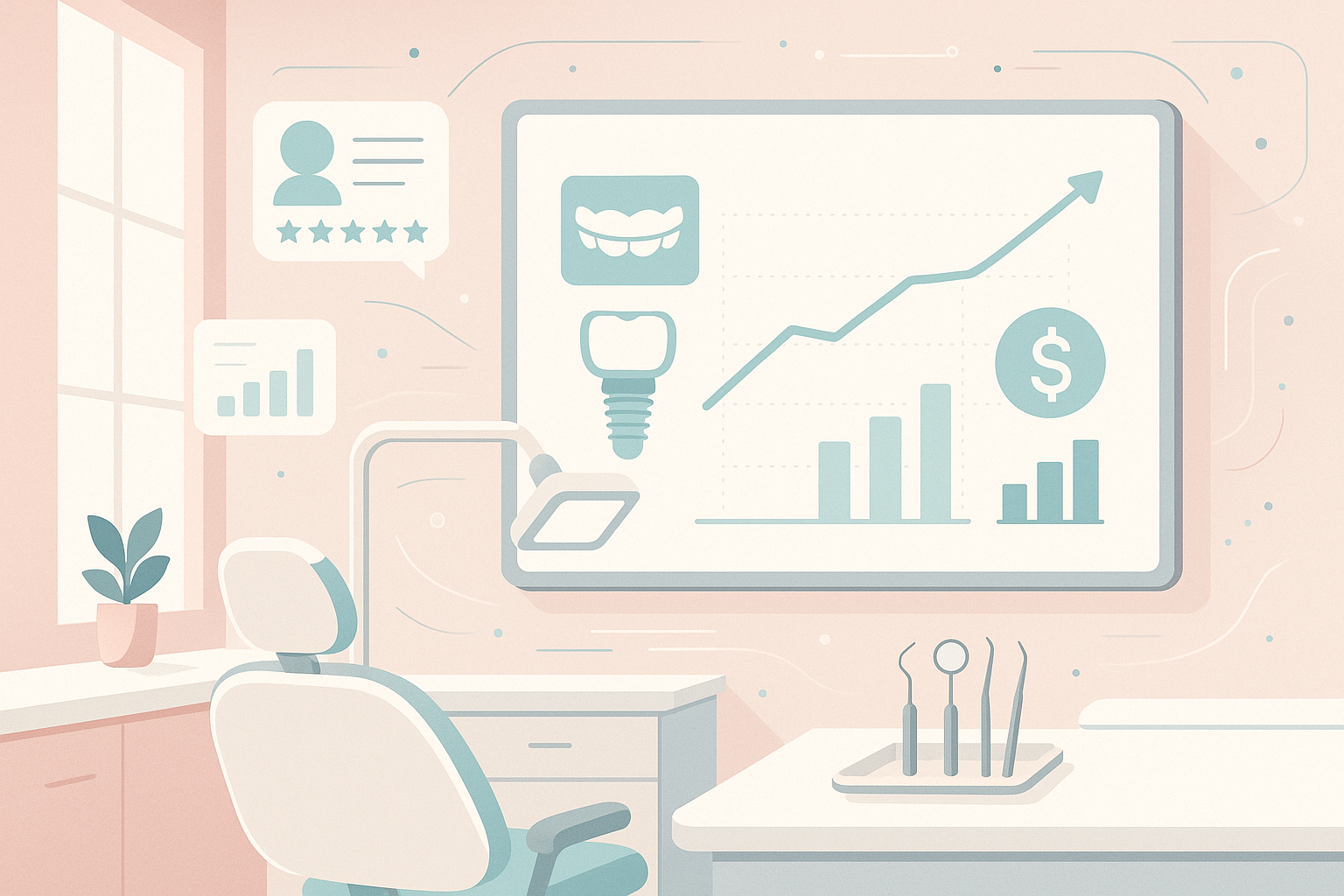 Modern dental workspace with digital dashboard, growth charts, dental icons, and organized tools.