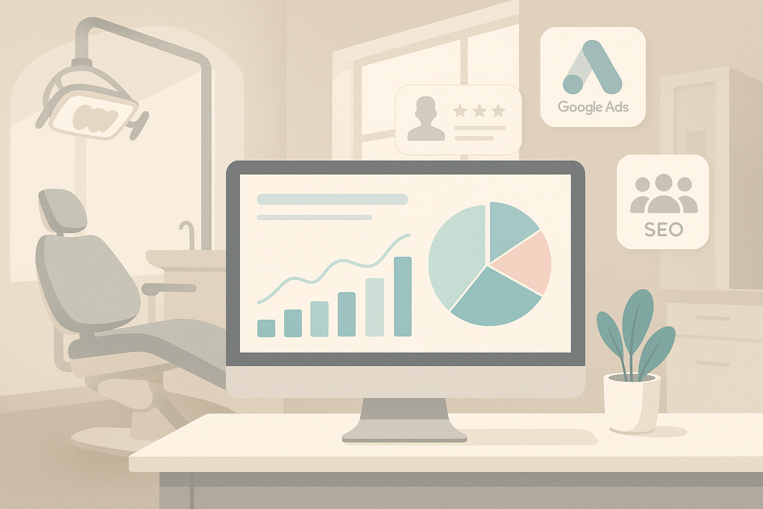 Modern dental workspace with digital dashboard, marketing icons, testimonial bubbles, and clinical tones.