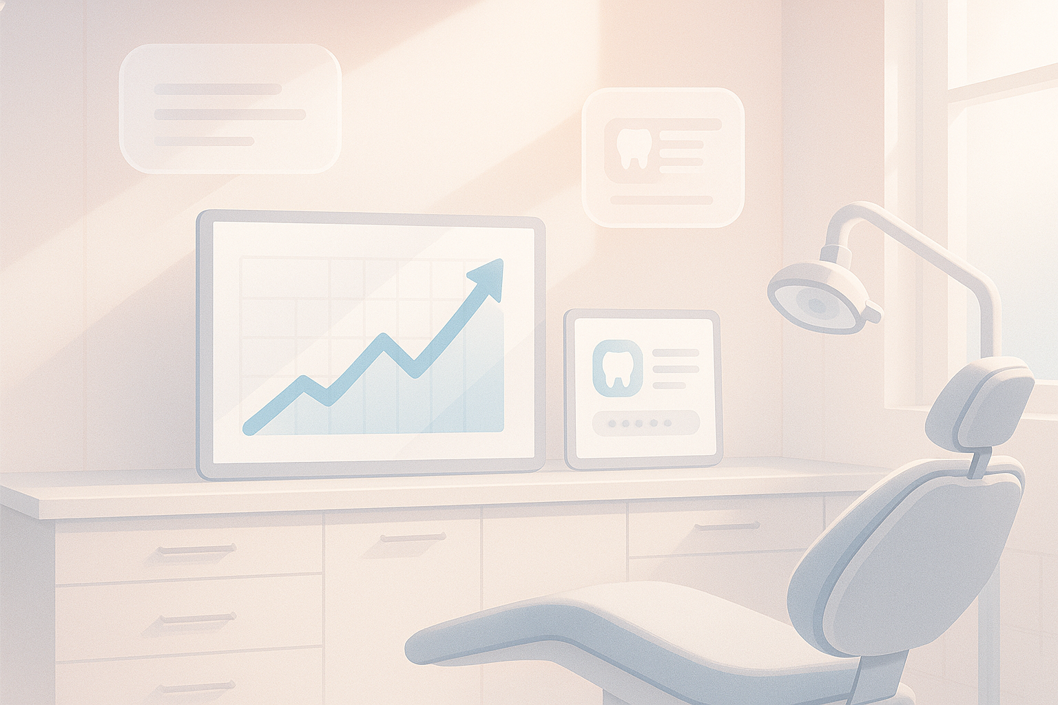 Modern dental workspace with digital dashboards, testimonial bubbles, and enamel-like abstract elements.